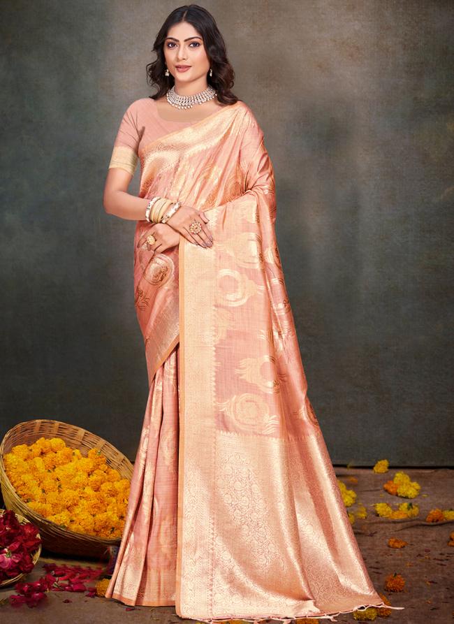 Cotton Silk Peach Pink Party Wear Weaving Saree